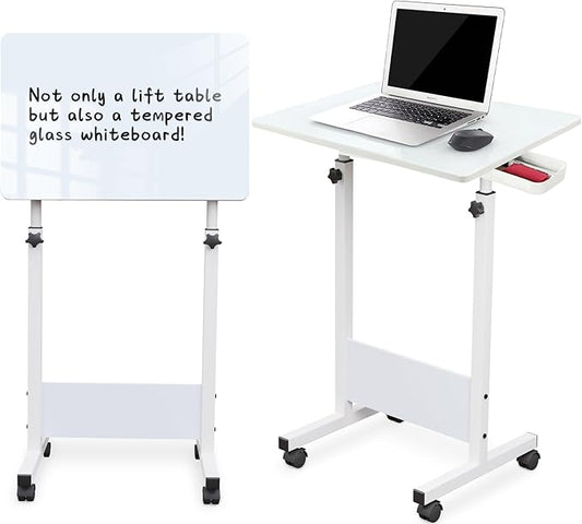 KOUPA Adjustable Height Standing Desk Writable Tempered Glass Desktop with Eraser 360° Flip Wheels – Ideal for Small Spaces and Home Offices 24 in White(Adjustable Height: 32-47 in)