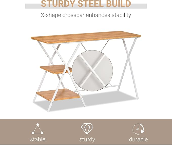 HOMCOM Computer Desk with Storage Shelves Writing Desk for Home Office Study Workstation Natural