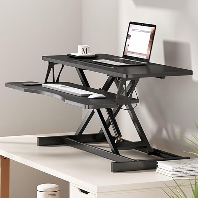 32 Inch Home Office Desk Converter Height Adjustable Sit to Stand Riser Dual Monitor Laptop Workstation with Wide Keyboard Tray (Black)