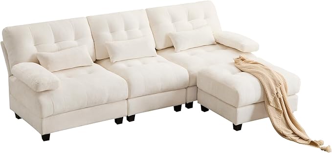 93 3+1 Seater Sofa with Ottoman - 4-Position Adjustable Backrest 350lb/Seat Soft Chenille Fabric 3 Throw Pillows Easy Assembly (Beige)