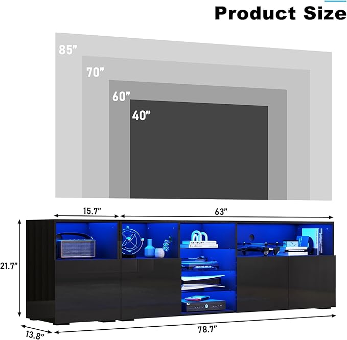 LED TV Stand for 85 Inch TV Modern TV Stand with Power Outlet High Glossy Modern TV Console Entertainment Center with Storage and LED Lights for Living Room Bedroom Black