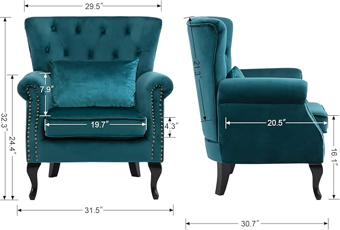 Mid Century Modern Accent Chair Upholstered Armchair Comfy Velvet Fabric Single Sofa with Tufted Wingback for Small Spaces Bedroom Living Room Teal
