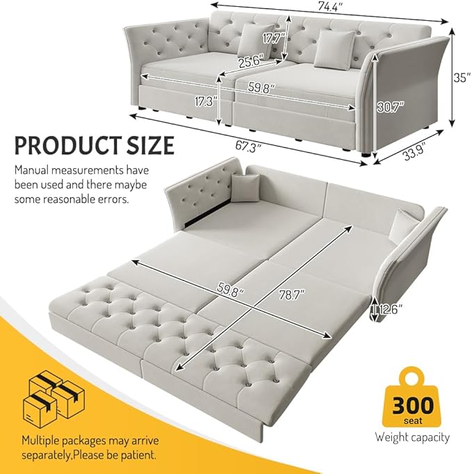 KEIKI 74.7 Queen Pull Out Sofa Bed Velvet Convertible Sleeper Sofa Button Tufted Chesterfield Sofa Pull-Out Couch Bed for Living Room Bedroom Apartment Light Grey