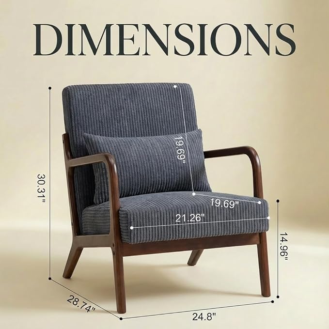 Corduroy Upholstered Mid Century Modern Accent Chair with Wide Armrests and Pillow Comfy Reading Armchair for Living Room Bedroom Guest Room (Antique Dark Grey+Walnut Finish Frame)