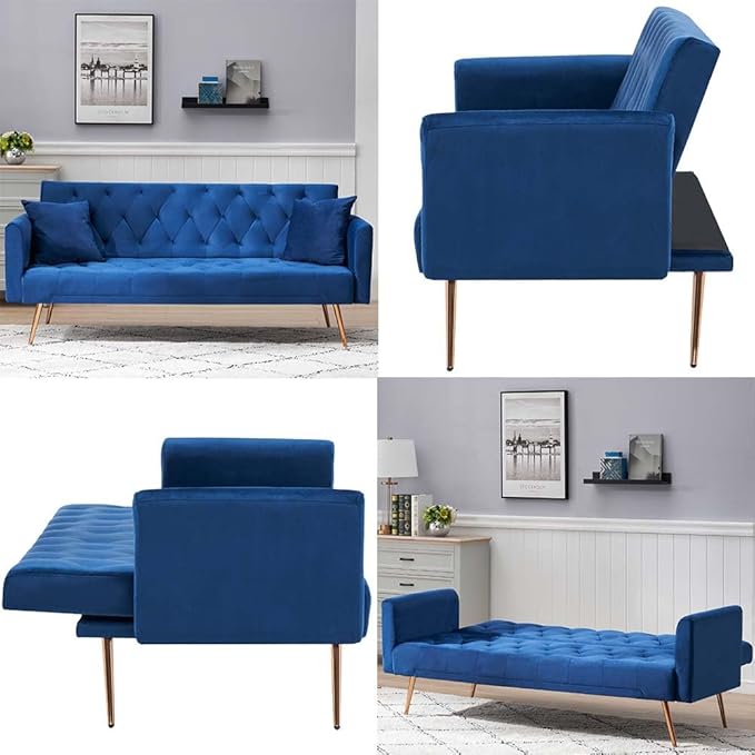 71 Convertible Folding Sleeper Sofa CouchModern Velvet Loveseat Sleeper with 2 Pillows Futon Sofa Bed with Mattress and Frame for Living RoomBedroomSmall Space (Blue)