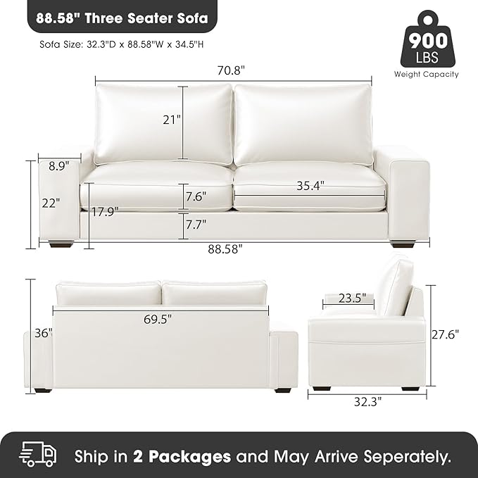 Faux Leather Couch Mid Century Modern Comfy Loveseat Sofa with Wide Arm Side Pockets Solid Wooden Frame for Office Living Room and Bedroom 3 Seater (White 88.58 inches)