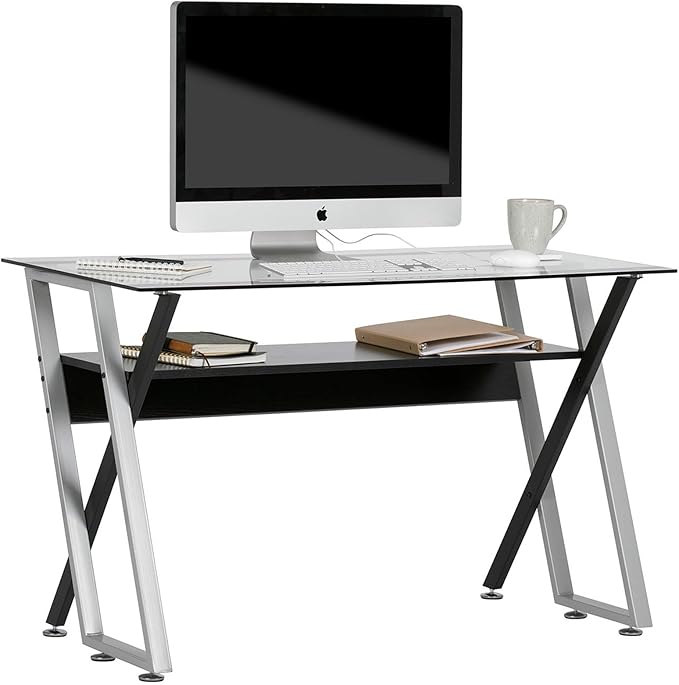 Calico Designs Colorado Glass Desk – 47 Modern Writing Desk with Tempered Glass Top Steel Frame &amp Storage Shelf – Home Office Computer or Study Table Black/Silver