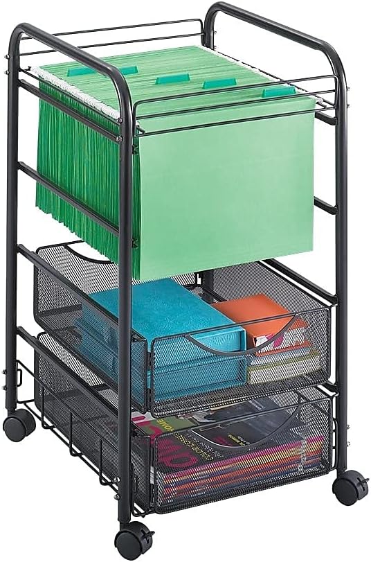 Safco 5215BL Onyx Mesh Open File Cart with 2 Storage Drawers Black