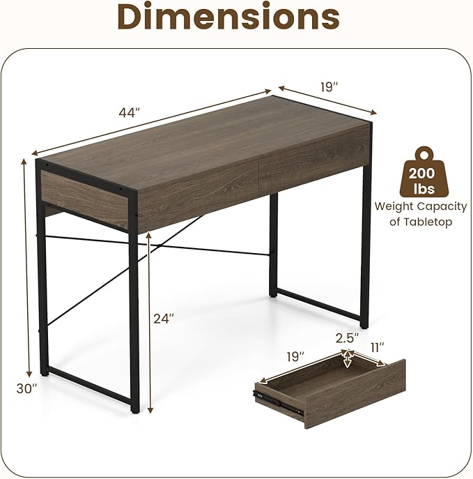 Tangkula Computer Desk with 2 Drawers 44 Inch Home Office Desk with Metal Frame &amp Anti-Toppling Device Modern Writing Desk Study Desk Compact Laptop PC Desk for Small Space (Grey)