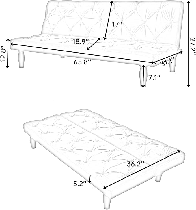 66 Black Velvet Futon Sofa Bed Sturdy Wood Frame &amp High-Elastic Foam 3 Adjustable Gears Multi-Functional for Living Room/Apartment/Bedroom Easy Assembly