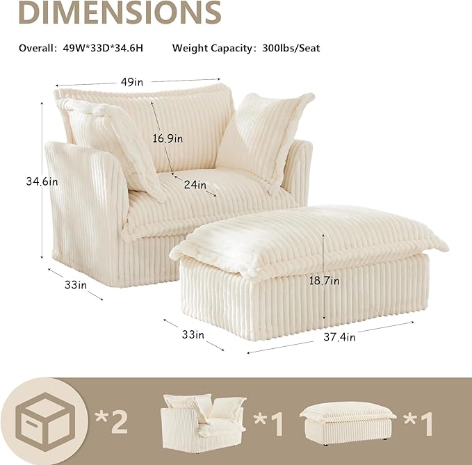 49''W Corduroy Chaise Lounge Chair Indoor Oversized Upholstered Sleeper Sofa with Movable Ottoman and 2 Pillows Removable Sofa Cover for Living Room Home Theater Apartment(Beige)