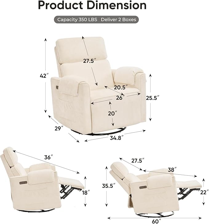 26 Extra Wide Swivel Rocker Recliner Oversized Power Recliner Chair with Adjustable Headrest Chenille Glider Rocking Nursery Chair with USB Ports Overstuffed Armrest Cream