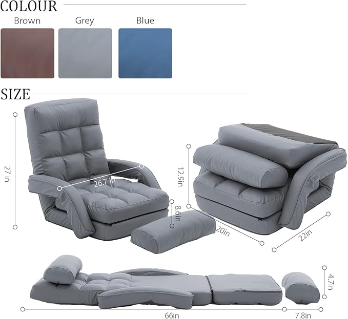 FLOGUOR 14-Position Adjustable Floor Chair Chaise Lounge Indoor Folding Lazy Sofa with Armrests and a Pillow Padded Adults Gaming Chairs for Living Room Bedroom Factory Price8803 (Grey（PU）)