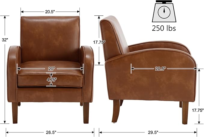 VESCASA Upholstered Accent Chair with Wood Legs PU Faux Leather Comfy Single Sofa with Curve Arms Modern Side Club Leisure Chair for Reading/Living Room/Bedroom Brown