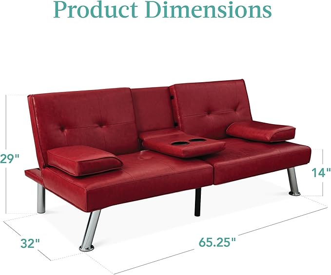 Best Choice Products Faux Leather Upholstered Modern Convertible Futon Adjustable Folding Sofa Bed Guest Bed w/Removable Armrests - Burgundy