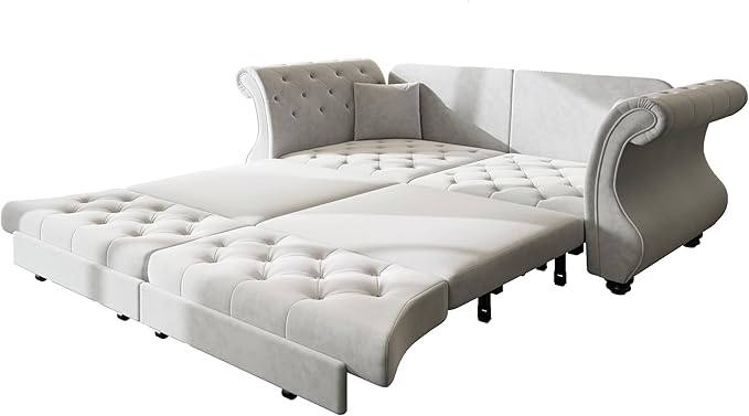 83.8'' Sleeper Sofa Bed Queen Convertible Pull Out Couch Chesterfield Futon Sofa Bed with Flower-Tuffed Back Velvet Daybed 2 Pillows Loveseat Couches for Living Room Bedroom Light Gray