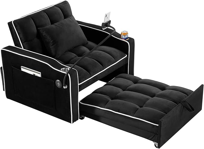 3 in 1 Convertible Sleeper Chair Bed with USB Ports Cup Holder and Phone Stand Velvet Pull Out Futon Sofa Beds Adjustable Backrest Single Sofa Chair for Small Spaces Living Room Office (Black)