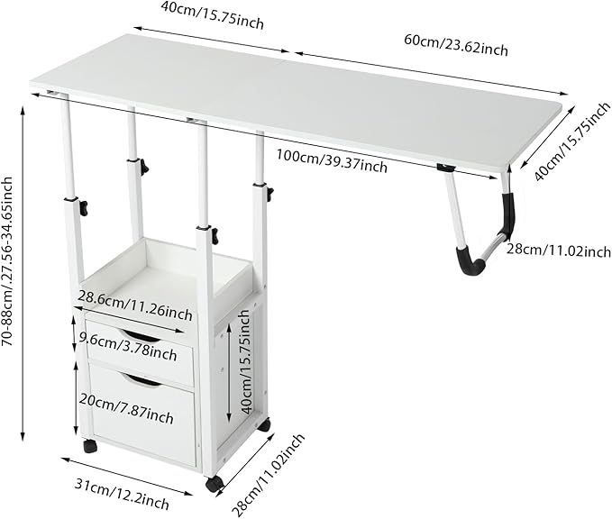 Home Office Desk with Wheels Movable Bedside Table with Plastic Drawers Height Adjustable Over Bed Desk for Laptop White for Home Office Study (White)