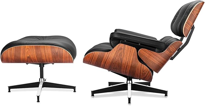 Top Black Grain Leather Mid Century Chaise Lounge Chair and Ottoman Modern Chair Classic Design Palisander Wood Heavy Duty Base Support for Living Room Office