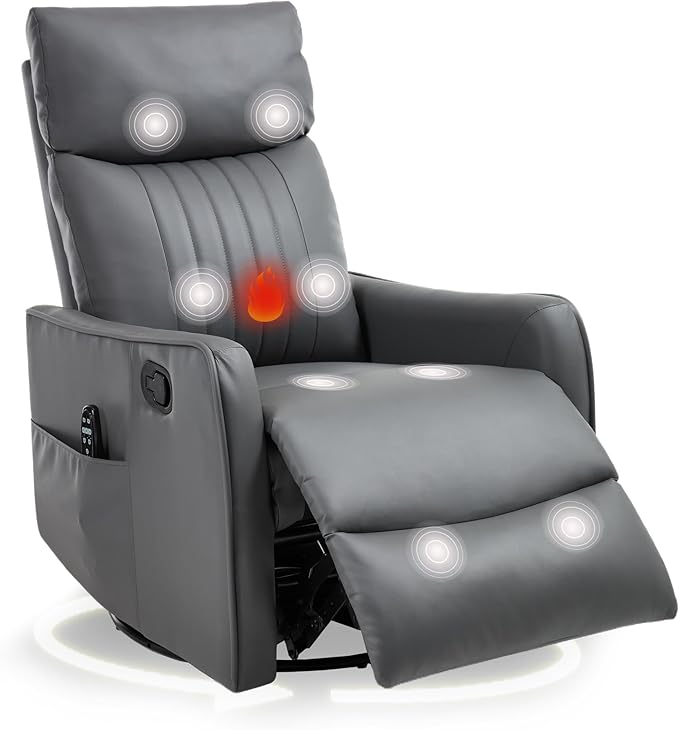 cinkehome Heated Massage Swivel Rocker Recliner Chair for Nursery - Small Space Reclining Chair with Lumbar Support 360° Swivel &amp Gentle Rocking Ergonomic High Back Faux Leather Gray