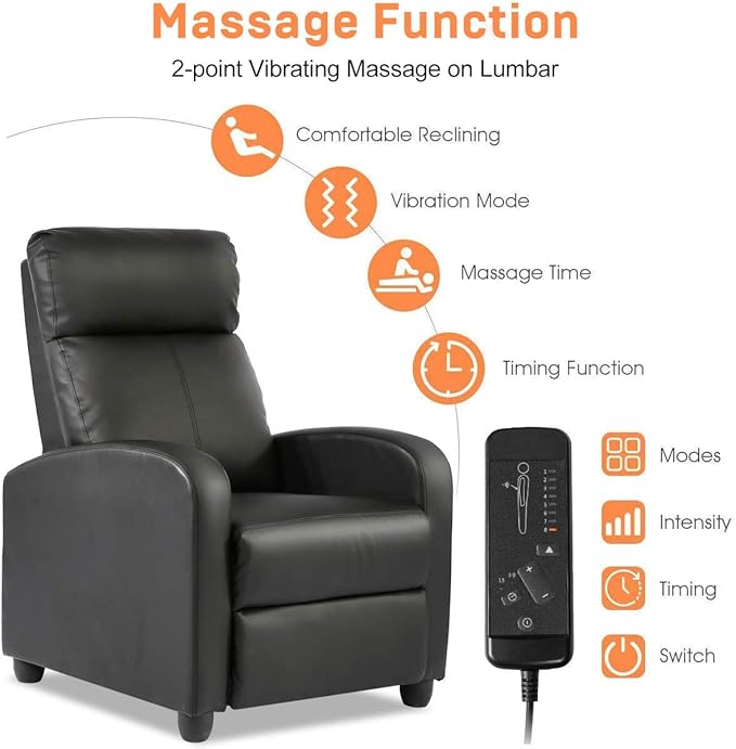 Home Recliner Chair Massage Single Sofa Wingback Recliner Sofa Reading Chair Modern Reclining Chair Home Theater Seating Modern Reclining Easy Lounge with Padded Seat Backrest Black