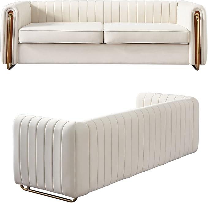Dolonm Modern Velvet Sofa for Living Room 84 Inches Long Upholstered Sofa Couch with High Armrest and Metal Legs Decor Furniture for Bedroom Office (Beige)