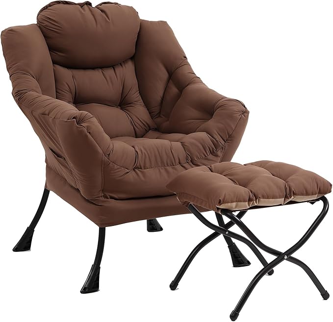 Lazy Chair with Ottoman Modern Accent Chairs with Folding Footrest Dark Brown Sofa Chair Set Comfortable Reading Chairs Oversized Armchairs for Bedroom Study Living Room Courtyard