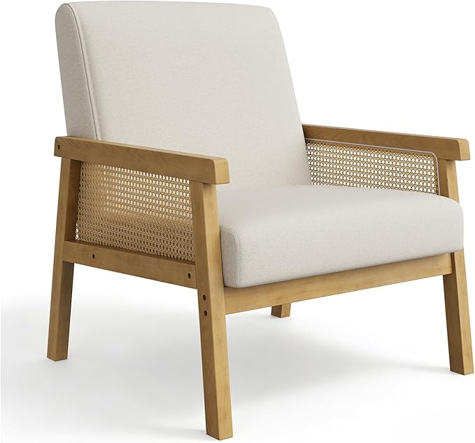 GAOMON Mid Century Linen Fabric Accent Chair Rattan Armchair with Wooden Armrest and Legs Modern Lounge Chair for Living Room/Bedroom/Reading Room/Waiting Room Beige