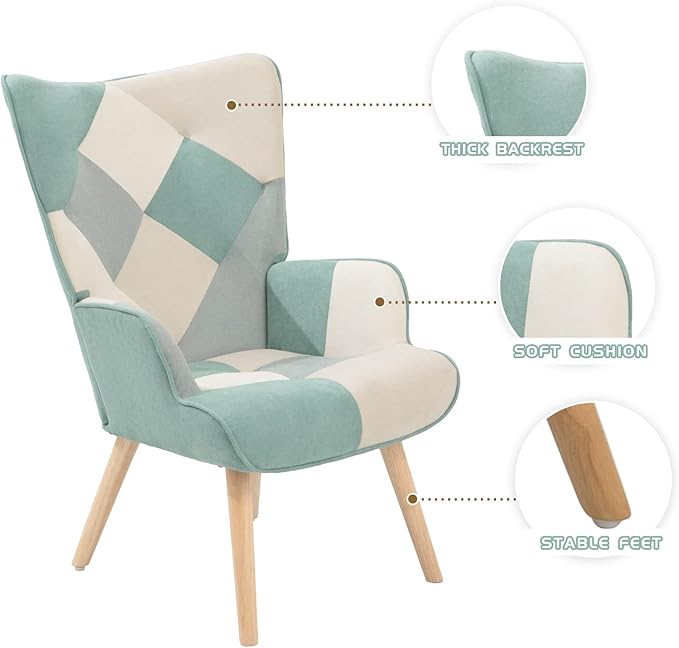 Generic Accent Chair with Ottoman Living Room Chair and Ottoman Set Comfy Side Armchair for Bedroom Creative Splicing Cloth Surface Blue