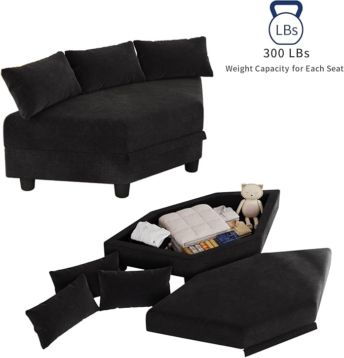 LLappuil Extra Large Hexagon Seat for Modular Sectional Sofa with Hidden Storage Carton C Only Compatible for Carton D Black Chenille | Tool Free Assembly Flexible Layouts