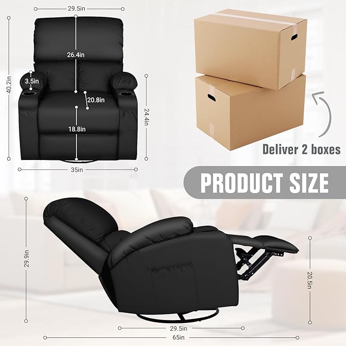 LEVELEVE Rocking Recliner Chair Massage Chair with Vibration Massage and Heat 360° Swivel Faux Leather Chairs Living Room Bedroom Nursery RV Black