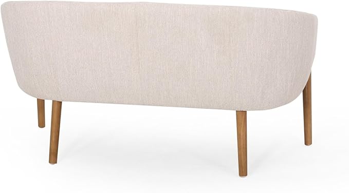 Beige Fabric Loveseat Sofa - Mid Century Modern Channel Stitched Design with Brown Rubberwood Legs for Living Room Bedroom Foyer