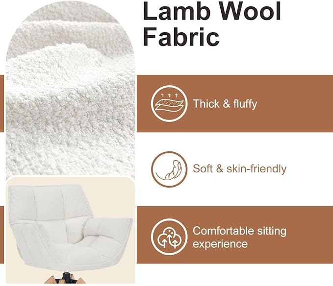 Mid Century Accent Chair Lambs Wool Vanity Chair Modern Cozy Desk Chair no Wheels with Amrest Wood Legs for Living Room Reading Room Bedroom White Lambwool