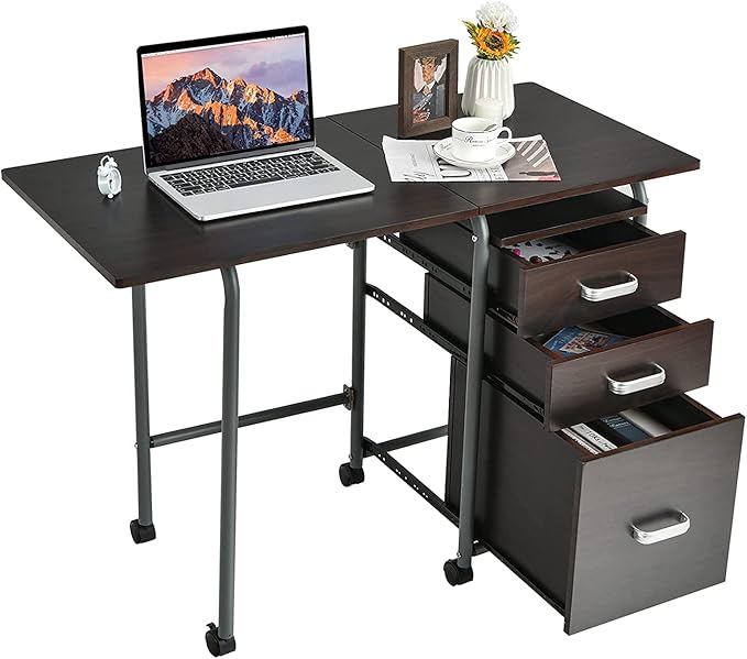 GRAFFY Computer Desk Small Laptop Work Desk w/Folding Table top &amp 3 Storage Drawers Collapsible Desk w/6 Wheels Writing Workstation Laptop Table for Home Office Brown (Brown)
