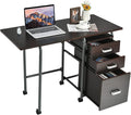 GRAFFY Computer Desk Small Laptop Work Desk w/Folding Table top &amp 3 Storage Drawers Collapsible Desk w/6 Wheels Writing Workstation Laptop Table for Home Office Brown (Brown)