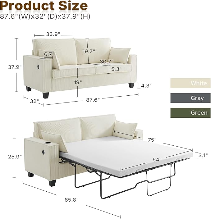 Brelice Pull Out Sofa Bed Queen Size Convertible Loveseat Sleeper Sofa Corduroy Memory Foam Couch Bed for Living Room Guest Room Apartment Home Office