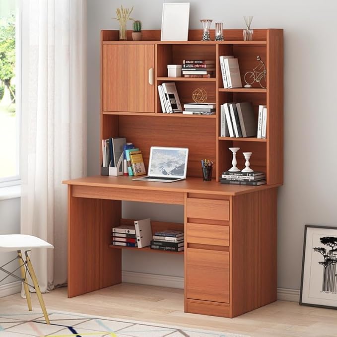 LITFAD Modern Computer Desk Work from Home Desk with Hutch Bookcase and Integrated Cable Management Rectangular Wood Office Desk 3 Drawers 39.4 L x 17.7 W x 64.2 H Brown