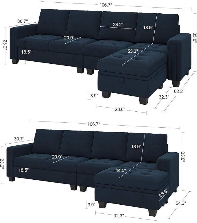 Belffin Velvet Reversible Sectional Sofa with Chaise Convertible L Shaped 4-seat Sectional Couch with Storage Ottoman Blue