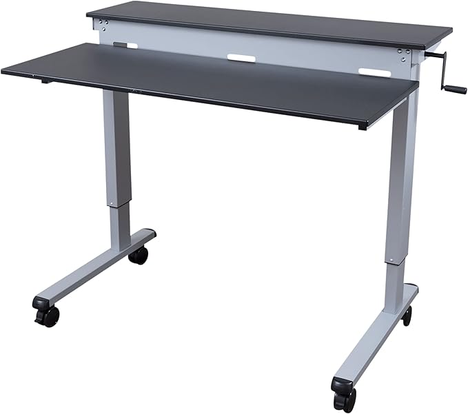 S STAND UP DESK STORE Crank Adjustable 2-Tier Standing Desk with Heavy Duty Steel Frame (Silver Frame/Black Top 48 inch Wide