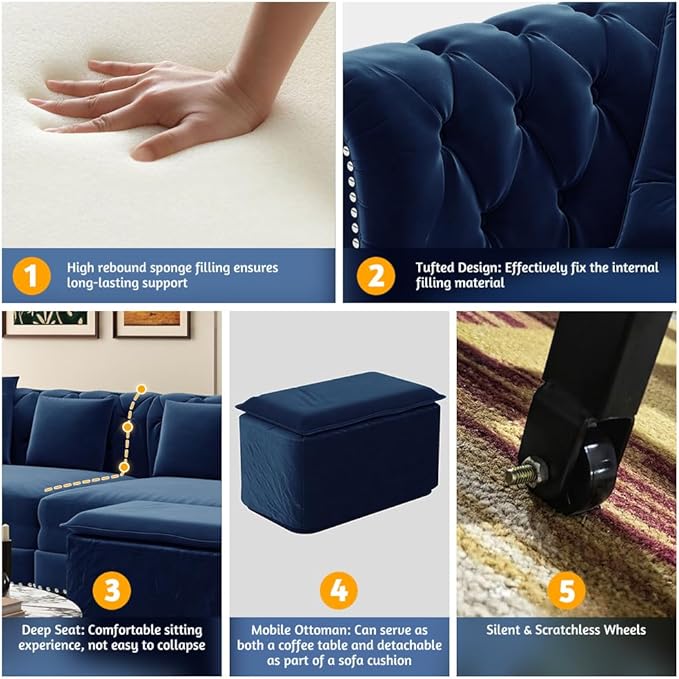 89 King Size Sleeper Sofa Bed 3-in-1 Convertible Pull Out Chesterfield Sleeper Couch with Ottoman Oversized Velvet Button Tufted L Shaped Sofa for Living Room Small Spaces Blue