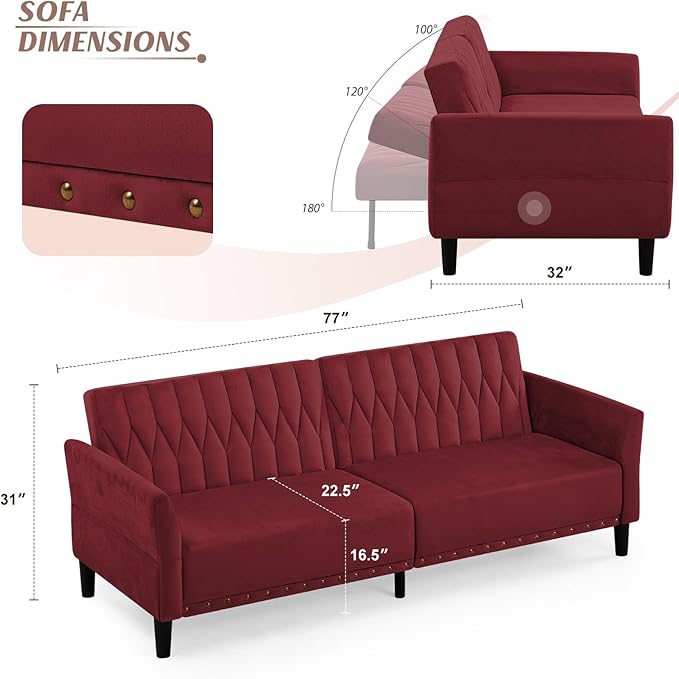 77” Velvet Sofa Bed with Adjustable Armrests and BackrestsTufted Convertible Futon Couch with Nailhead Trim Loveseat Modern Velvet Sleeper Sofa for Living RoomBedroomOffice Red