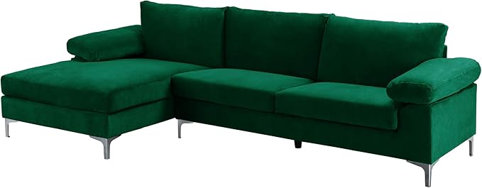 Casa Andrea Milano Modern Large Velvet L-Shape Sectional Sofa with Extra Wide Chaise Lounge Couch