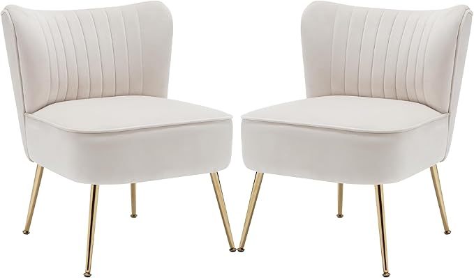 ABET Accent Chairs Set of 2 Velvet Armless Living Room Chairs with Tufted Wingback Thicken Cushion Gold Metal Legs Comfy Upholstered Side Chairs Slipper Chairs Club Chairs for Bedroom Beige