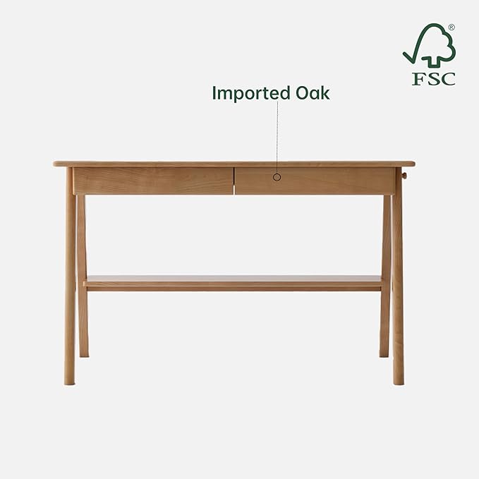 100% Solid Wood Desk with 2 Drawers Home Office Computer Desk Mid Century Modern Oak Desk for Study Writing 47 W