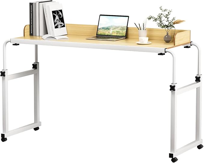Adjustable Bed Table (47.2-82.7 Stretchy) - 25.6-37.4 Height Adjustable Overbed Desk with Lockable Wheels Raised Baffle for Single/Double Beds (Wooden Color-120 * 40cm)