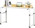 Adjustable Bed Table (47.2-82.7 Stretchy) - 25.6-37.4 Height Adjustable Overbed Desk with Lockable Wheels Raised Baffle for Single/Double Beds (Wooden Color-120 * 40cm)