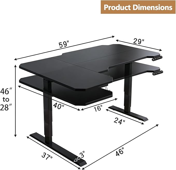 59 L-Shaped Standing Desk Height Adjustable Electric Corner Desk with Wheels Ergonomic Rising Computer Table for Home Office (Black)