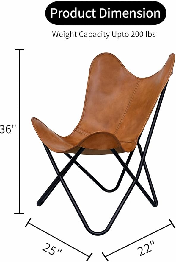 Shy Shy Let’s Touch The Sky Butterfly Chair - Tan Leather Living Room Chair with Black Metal Base (Iron Frame with Tan Cover)