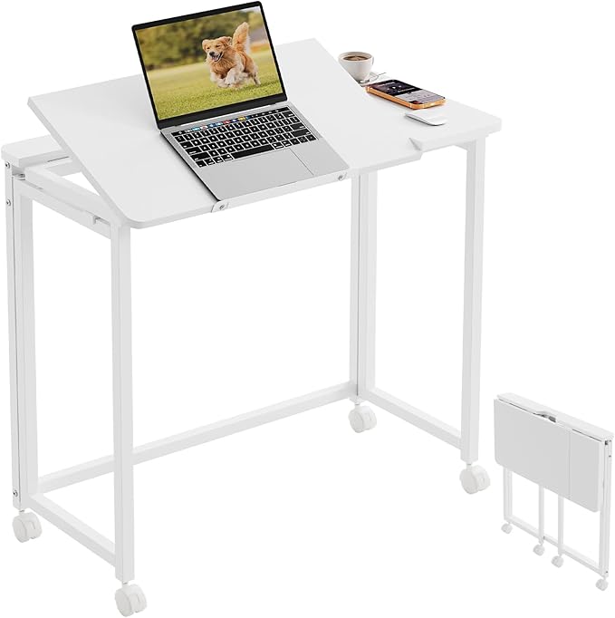 GreenForest Folding Desk with Adjustable Tiltable Desktop 0-90° 31.5 inch Small Drafting Table with Wheels Foldable Craft Table for Drawing Reading Writing Laptop Work White