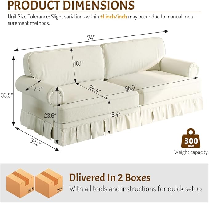 74'' Mid Century Sofa with Pleated Skirt Chenille Cloud Sectional Couch Comfy Love Seat Couches Deep Seat Rolled Arm Vintage Loveseat Sofa for Living Room Apartment Beige